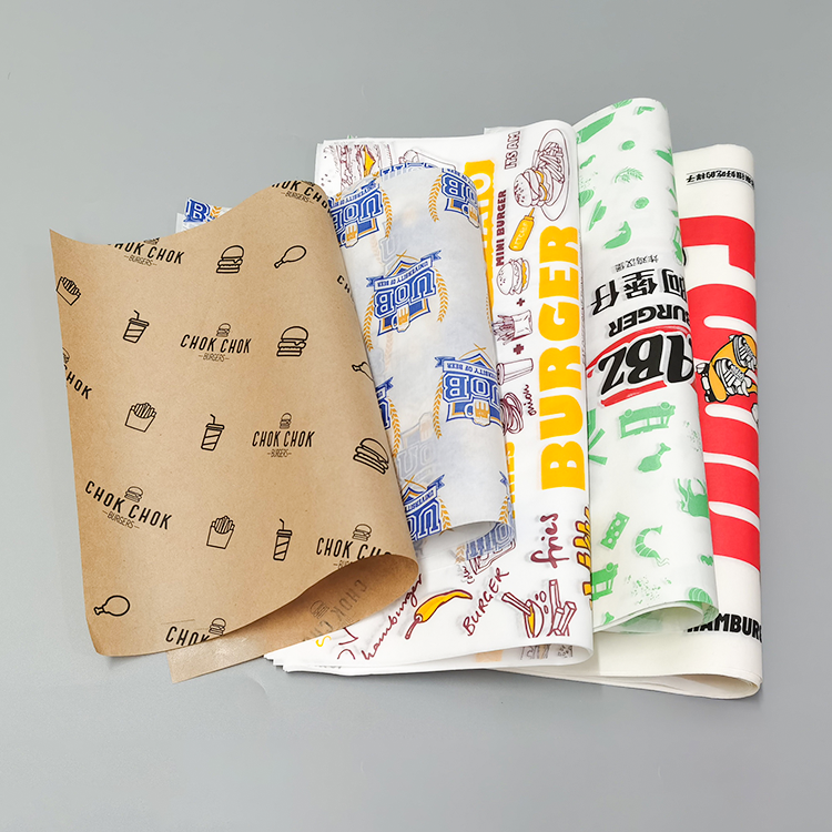 Greaseproof wax paper sheets with mixed prints: brown, blue, green, and red strips