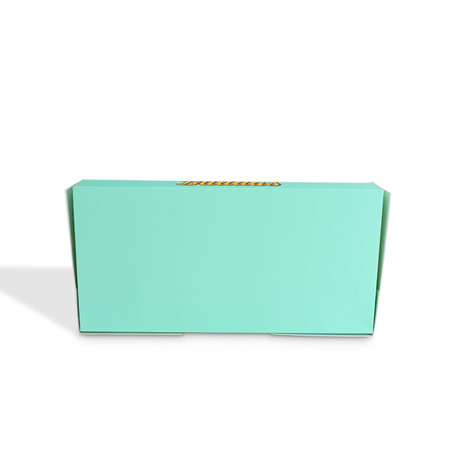 Mint green cardboard retail box with front window cutout