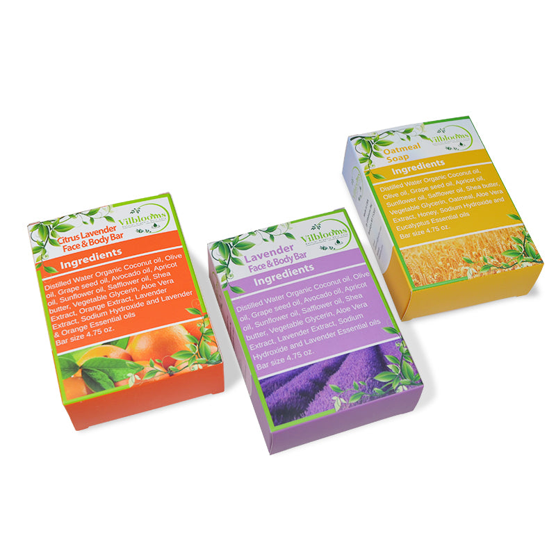 Back panels of folding soap cartons with ingredient text and round window cutouts
