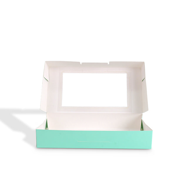 Open mint green cardboard window box with recessed side supports