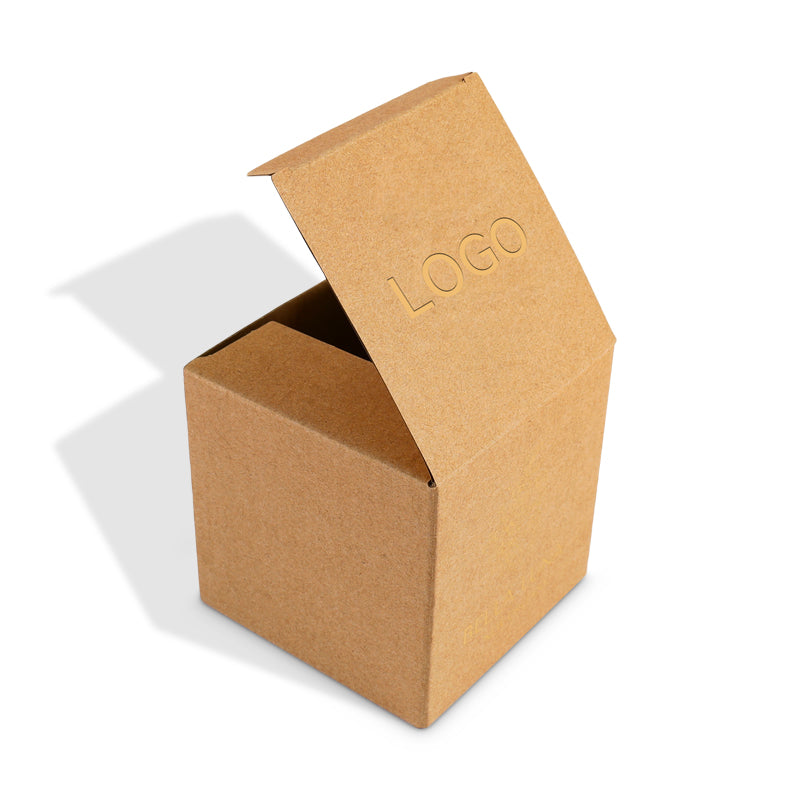 Kraft corrugated shipping box with tuck top, lid open and logo printed on top