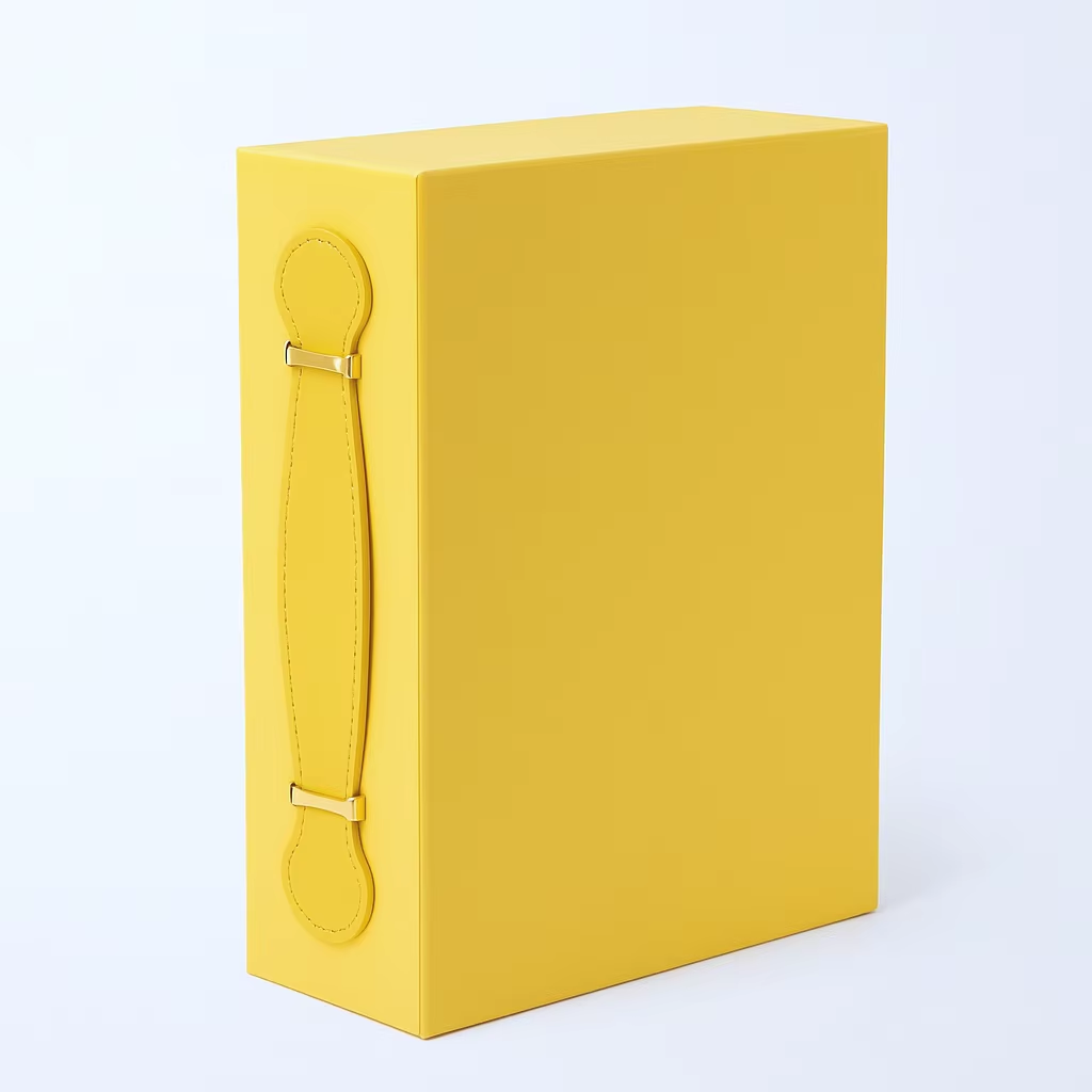 Rigid gift box with yellow leather handle and gold-tone hardware